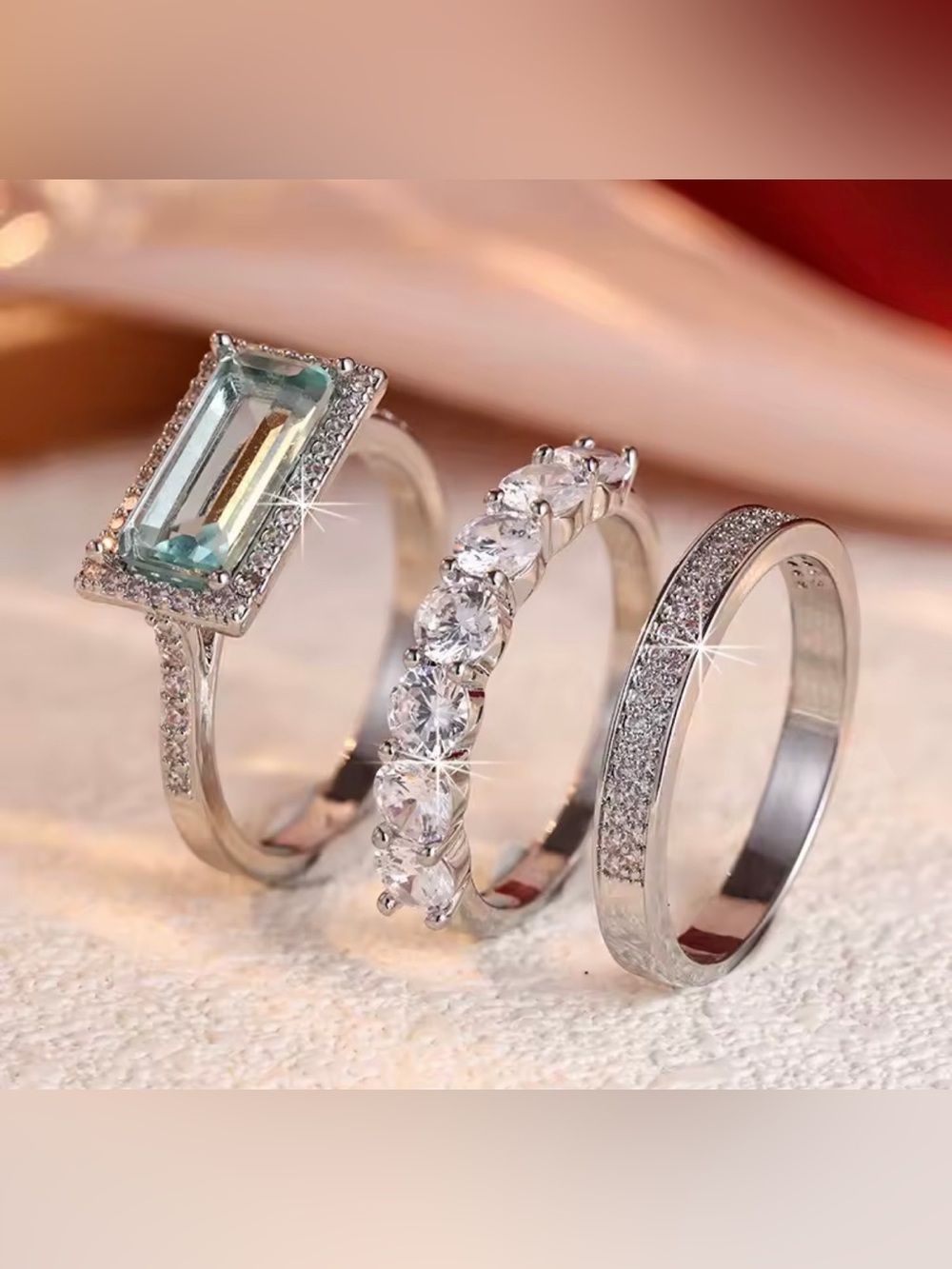Halo Emerald-Cut Mint Green Ring in Silver Tone
